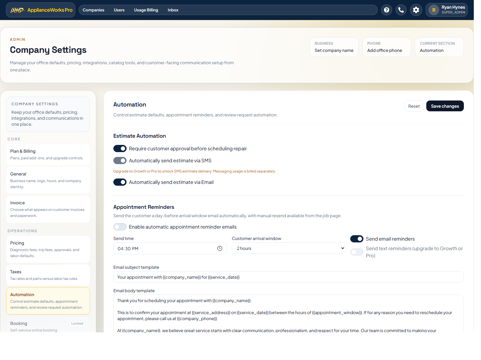 ApplianceWorks Pro automation settings screen
