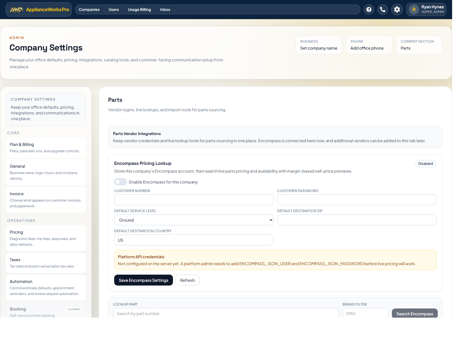 ApplianceWorks Pro parts integrations settings
