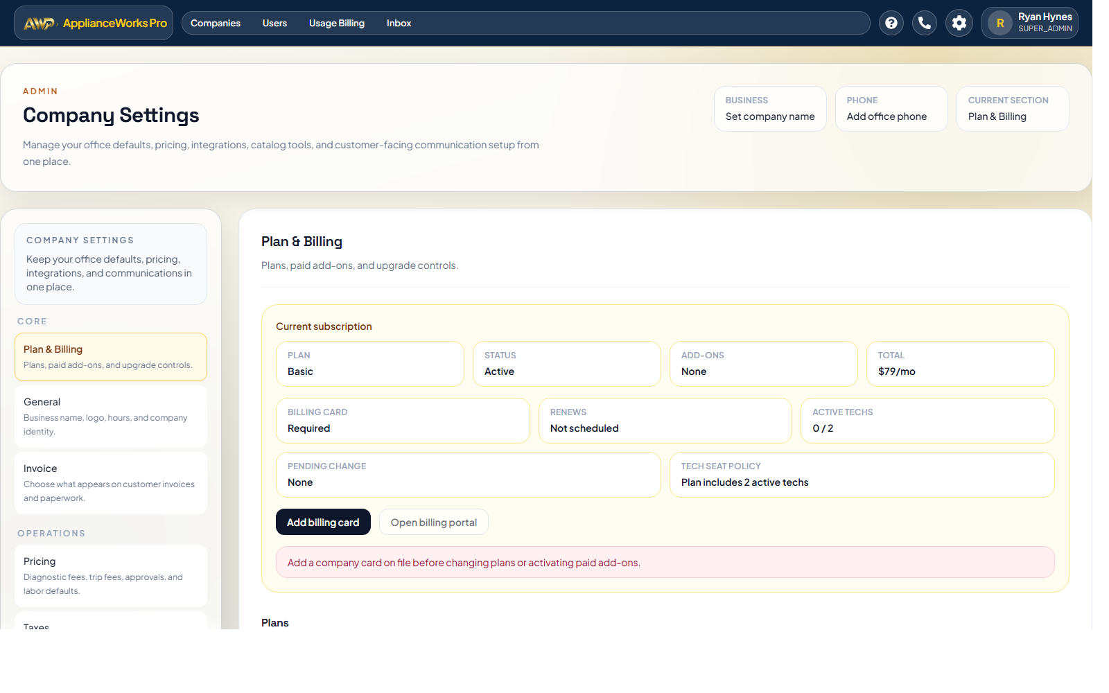 ApplianceWorks Pro plan and billing screen